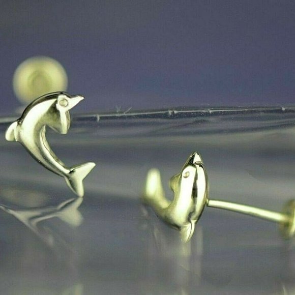 14k Solid Gold Dolphin Stud Earrings with Screw Back Fastening - Picture 3 of 3